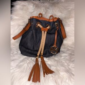 Michael Kors Denim and Tan Bucket Bag
